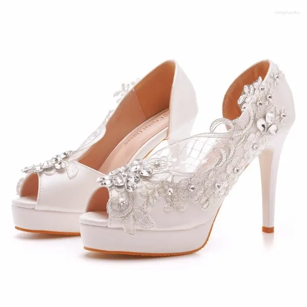Летние брендовые женские сандалии с открытой пяткой для вечеринок, украшенные стразами, свадебные туфли из искусственной кожи на тонком каблуке 11 см, белые туфли на платформе
