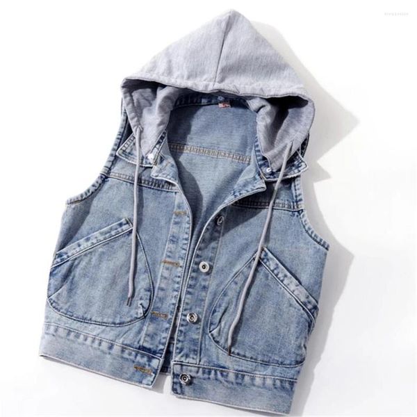 Hoodies femininos curto denim feminino removível casaco com capuz primavera bolsos laterais sem mangas jeans jaquetas femininas tops suéteres outono