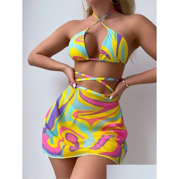 Costume da bagno da donna Costume da bagno da donna con stampa incrociata con lacci e collo appeso Gonna in garza di rete Costume da bagno bikini da spiaggia Set tre pezzi per Drop d Dhh