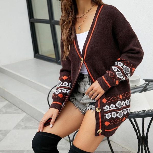 Giacche da donna Donna a quadri Inverno Casual Manica lunga Coreano Esterno Scollo a V Capispalla Cappotto Stampa Cappotti Top Jk Cappotto Cardigan lavorato a maglia Ropa