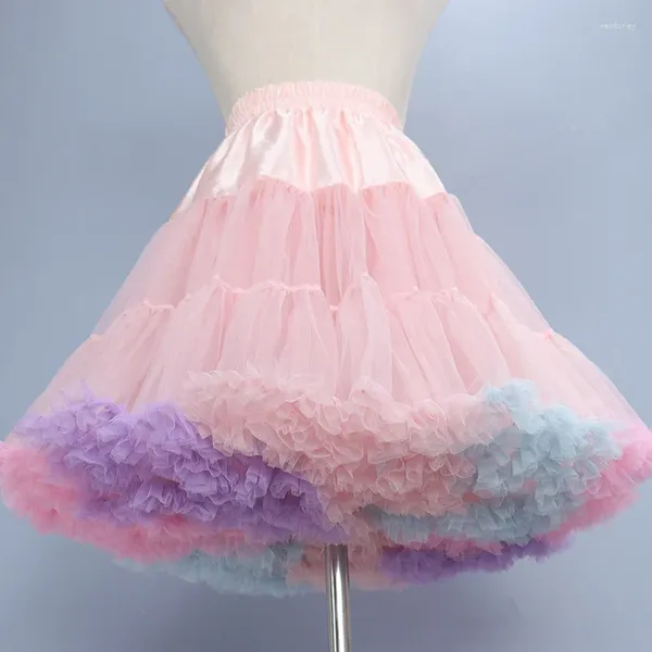 Mulheres sleepwear arco-íris lolita saia suporte algodão doce colorido véu macio fofo petticoat underskirt adorável tutu meio comprimento mulher