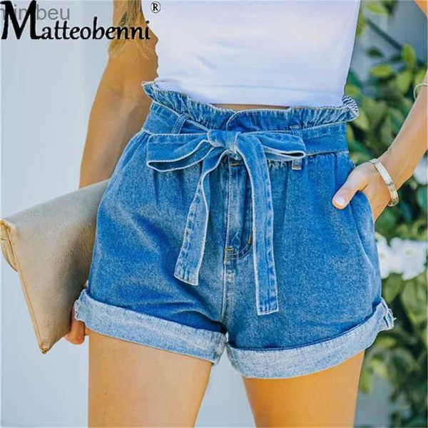 Shorts femininos 2022 verão cintura alta denim shorts feminino casual solto senhoras moda roll up hem elástico cinto azul bolso jeans femininol240119