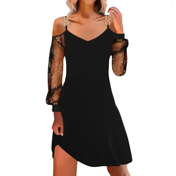 Abiti casual da donna con scollo a V in rete trasparente alla moda a maniche lunghe abito in tinta unita abito vestido con spalle scoperte taglie forti