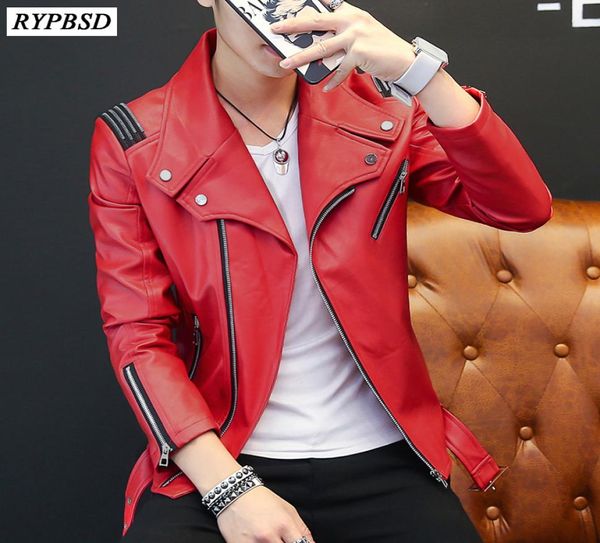 PU Herren Lederjacke Klassisches Design Neue 2019 Mode Rot Weiß Schwarz Herbst Schlank Reißverschluss Bikerjacke Männer Kunstleder Mantel5347176