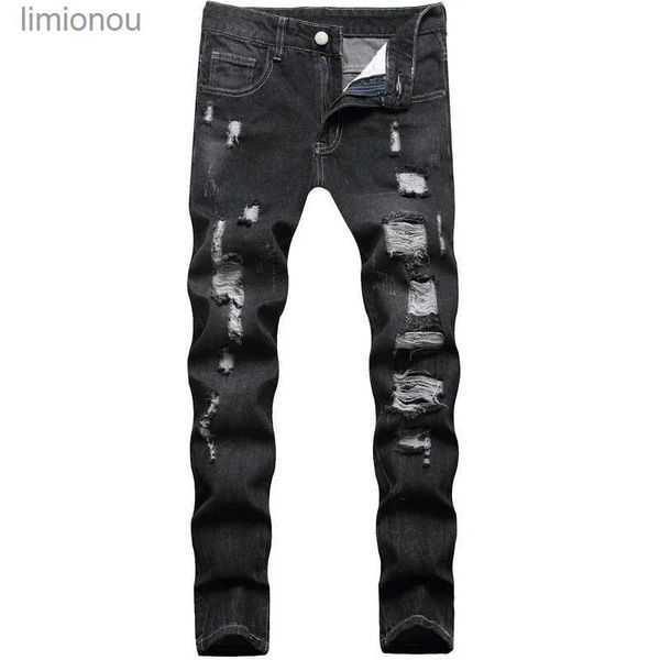 Jeans masculinos de alta qualidade mens slim fit buraco rasgado calças jeans estilo mendigo moda rua jeans preto arranhões sexy calças jeans casuais; l240119