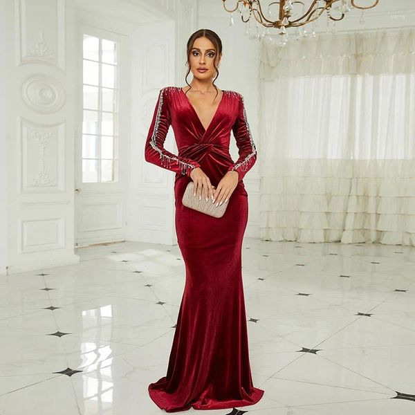 Casual Kleider Frauen Herbst Winter Langarm Sexy Tiefem V-ausschnitt Rot Samt Hochzeit Abend Party Cocktail Besondere Anlässe Meerjungfrau kleid