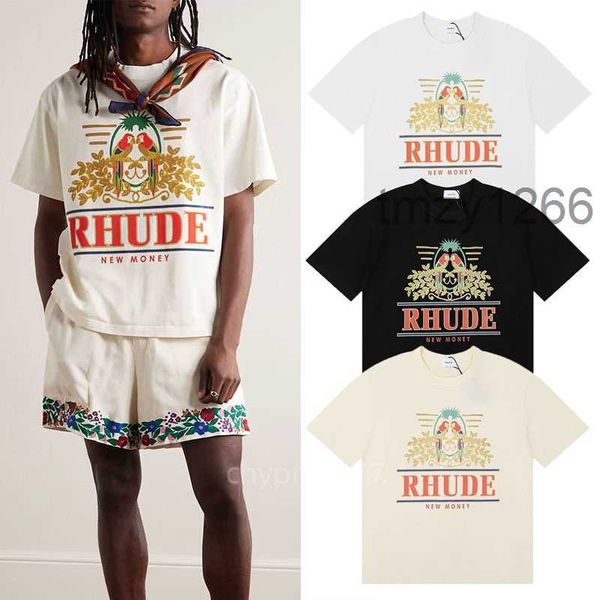Rhudes design papagaio carta impressão camiseta de algodão gola redonda solta manga curta camiseta moda masculina casual impressão camisetas kj25
