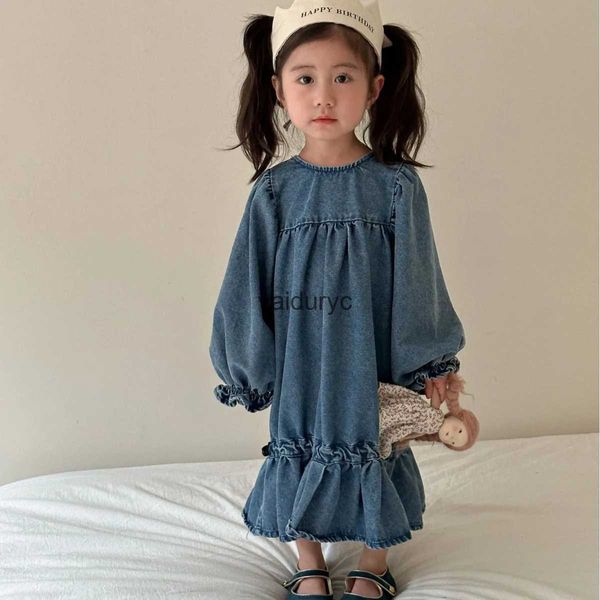 Vestidos de menina 2024 Primavera New Girls Denim Casual Dress Ldren Manga longa Vestido de princesa garotas Meninas de peixe vestido de cauda de moda de bebê H240508