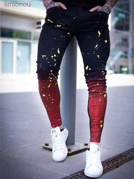 Jeans da uomo Nero Rosso High Street sfumato Jeans Hip Hop Paint Denim Moda Biker Slim Fit Jeans skinny strappati Taglia S-3XLL240119