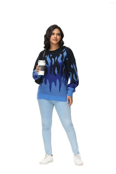 Женские свитера Cardigsweater с пламенным узором, цветной дизайн, свитер с круглым воротником, одежда с длинными рукавами