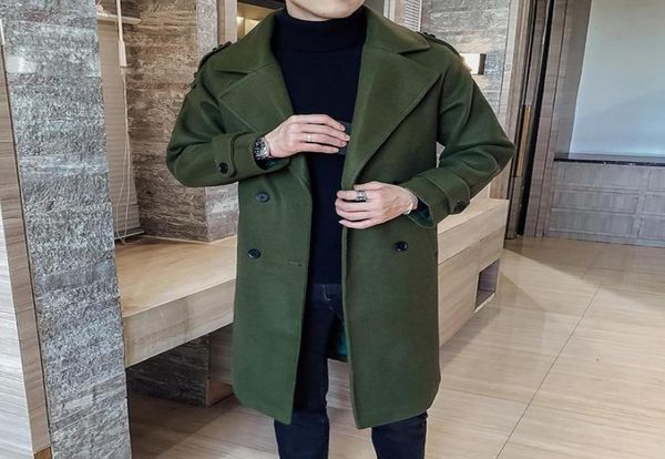 Men039s misturas de lã moda jaqueta de inverno masculino clássico trench coats preto caramelo verde do exército longo fino ajuste overcoat9157156