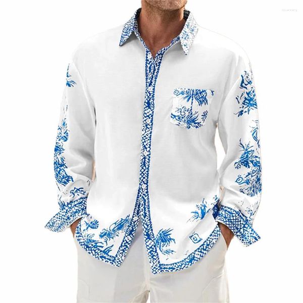 Camicie casual da uomo Camicetta patchwork ampia a maniche lunghe con stampa da uomo Camicetta abbottonata da festa T Dress Up Camicia maschile in porcellana blu e bianca