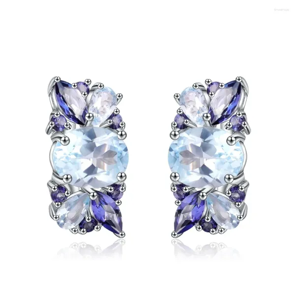 Stud Küpe Gem'in Balesi Doğal Gökyüzü Mavisi Topaz Mystic Quartz Çiçek 925 STERLING Gümüş Kadınlar için Güzel Takı