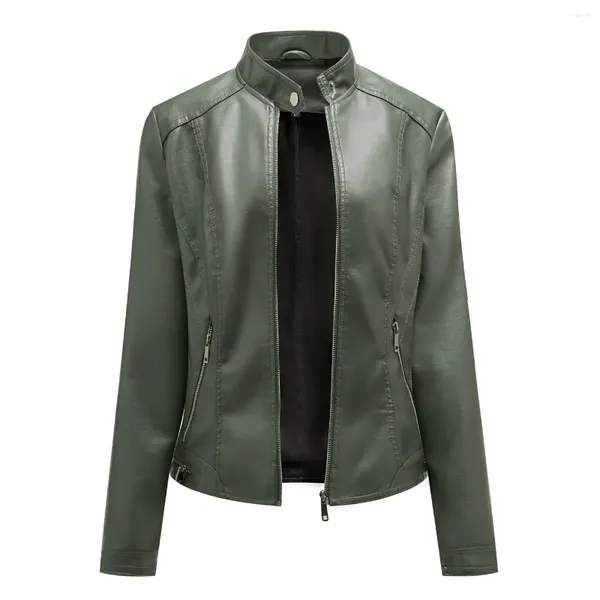 Женская кожаная куртка из искусственного меха, женская весна 2024, мотобайкерское осеннее пальто на молнии для верхней одежды, зеленая, красная, коричневая, черная одежда