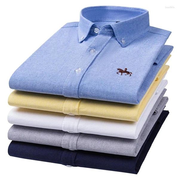 Camisas casuais masculinas de algodão puro manga comprida camisa empresarial cor sólida bordada Oxford fiada