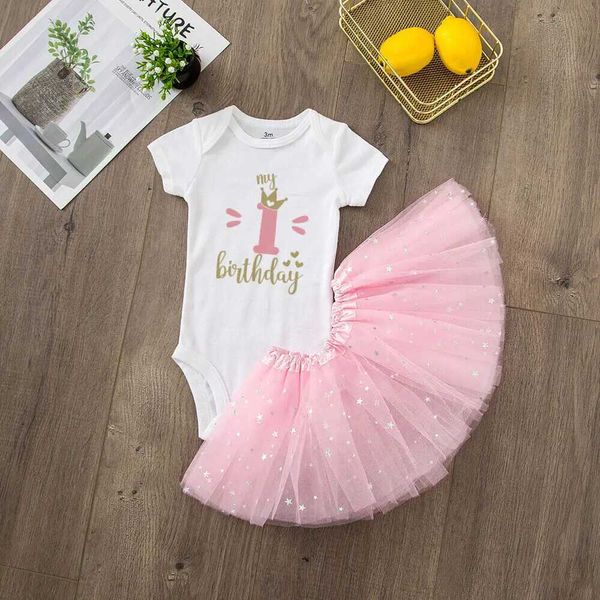 Mädchenkleider Es ist mein 1. Geburtstag Baby Girl Birthday Party Kleid rosa Tutu -Kuchen Kleider + Strampler Outfits Mädchen Sommerkleidung Jumpsuit D240425