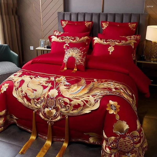 Conjuntos de cama High End Bordado Casamento Quatro Peças Conjunto Puro Algodão Grande Vermelho Duplo Duveta Capa Longa Grampo