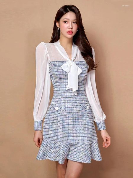 Lässige Kleider koreanischer Mode Herbst Winter Patchwork Schnürbug elegantes kurzes Kleid Damen Slim Party