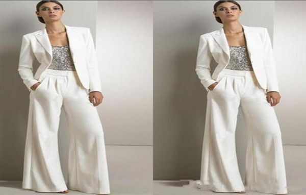 Neue moderne weiße zweiteilige Hosenanzüge für die Mutter der Braut, Hochzeitsgastkleid, Abendkleider in Übergröße mit Jacken3368409