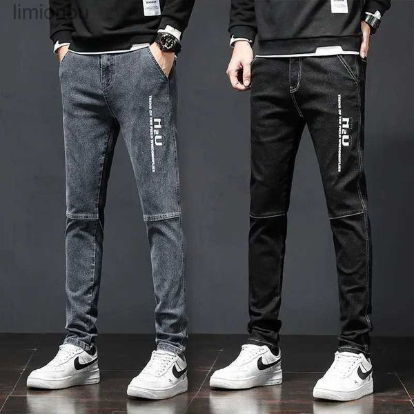 Jeans masculinos Novo estilo masculino reto slim jeans preto de alta qualidade arranhões calças cinza escuro coreano elegante sexy casual jeans calças compridas; L240119