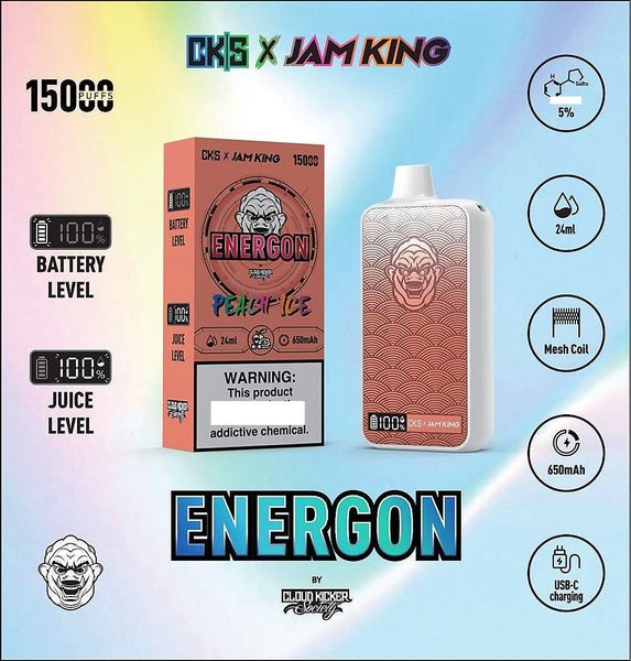 Одноразовая вейп-слойка Jam King CKS 15000 15K Электронная сигарета Vape Box 24 мл Электронный сок 12 вкусов Никелья соль 20 мг 30 мг 50 мг Сетчатая катушка светодиодного экрана 650 мАч Аккумуляторная батарея