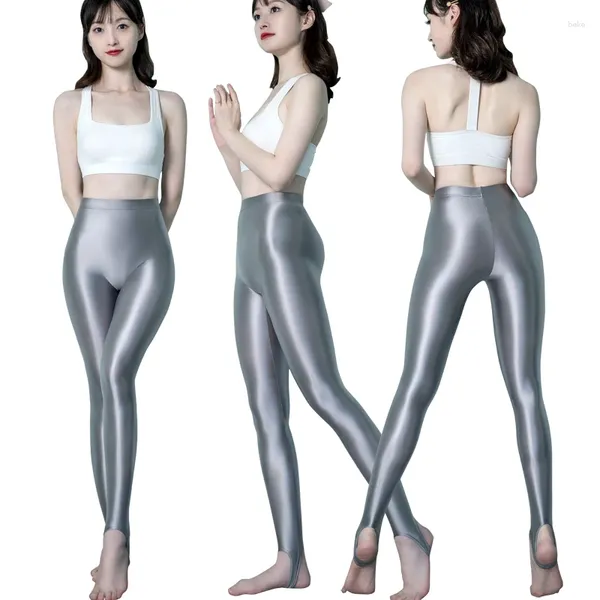 Calças femininas sexy mulheres cintura alta sweatpants cetim sedoso leggings yoga musculação pé apertado sem costura de uma peça brilhante