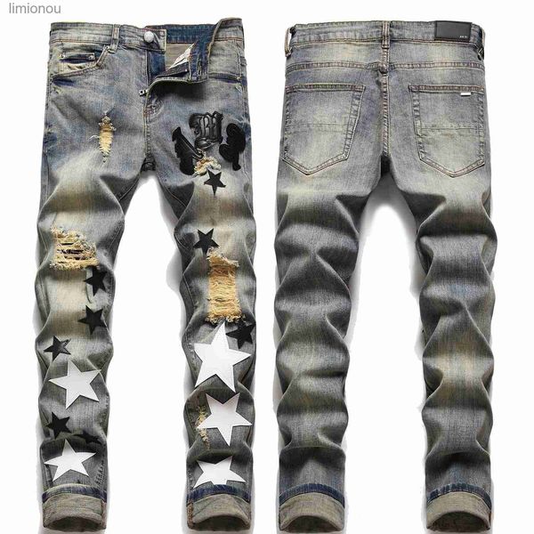 Erkekler Kot High Citity Mens İnce Fit Delik Yırtılmış Mavi Jeanslight Lüks Nakış Dekorasyon Hip Hop Jeansstylish Sexy Street Jeans; L240119