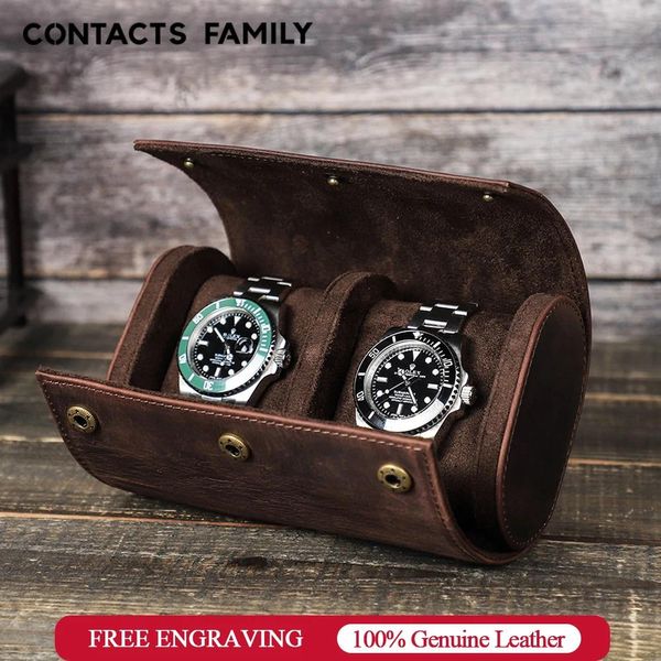 Uhren Contact's Family Crazy Horse Leder 2 Fächer Uhrenrollenetui Tragbarer Uhrenhalter im Vintage-Stil Reise-Schmuckbeutel-Organizer