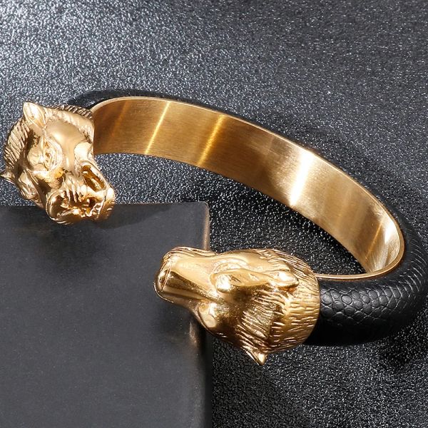 Открытые браслеты с головой льва из желтого золота 14 карат для мужчин, эластичные регулируемые кожаные браслеты для мальчиков, аксессуары для рук, ювелирные изделия