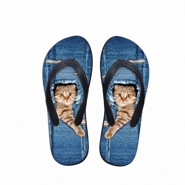 Özelleştirilmiş sevimli evcil kot kedi baskılı kadın terlik yaz plajı kauçuk flip floplar moda kızlar kovboy mavi sandaletler ayakkabı y5u0##