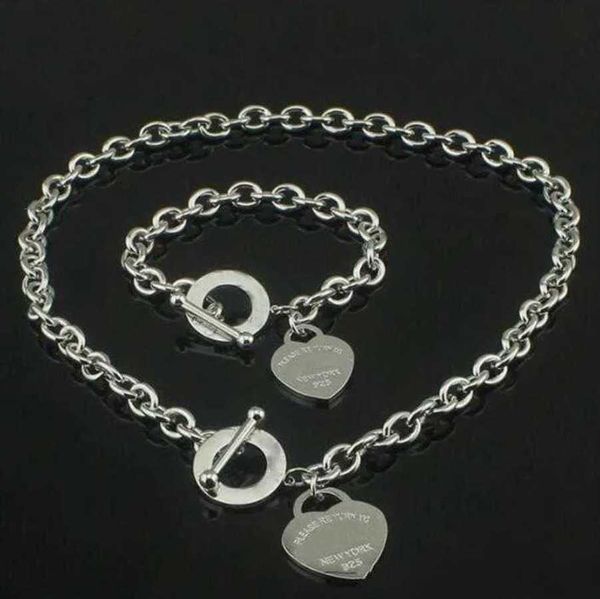 Vendita calda Compleanno Regalo di Natale Collana in argento 925 con amore Bracciale Set Gioielli di dichiarazione di nozze Collane con ciondolo a cuore Set di braccialetti Gioielli donna 2 in 1 con b