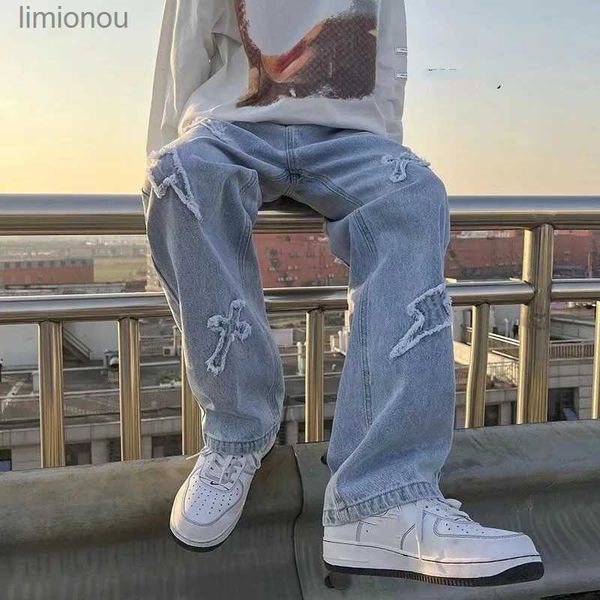 Jeans da uomo 2023 New Trend Hip-hop Street Y2K Pantaloni da uomo High Street Pantaloni larghi dritti casual Moda Uomo Cross-patch Jeans Uomo S-3XLL240119