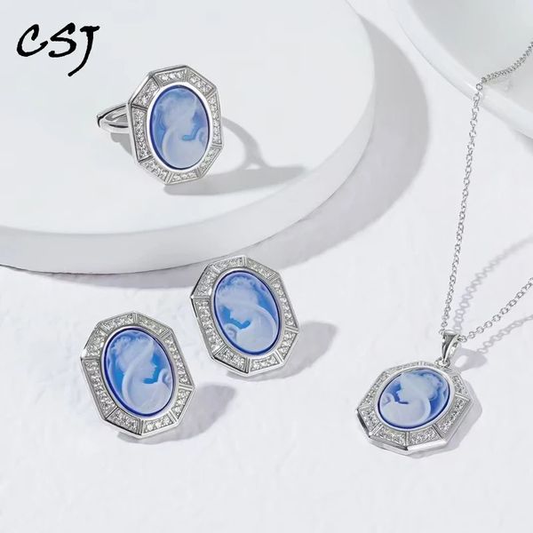 Set di gioielli con cammeo in agata naturale sterling 925 argento conchiglia perla mitologia greca antica Zeus Luna Diana per donna regalo per feste 240119