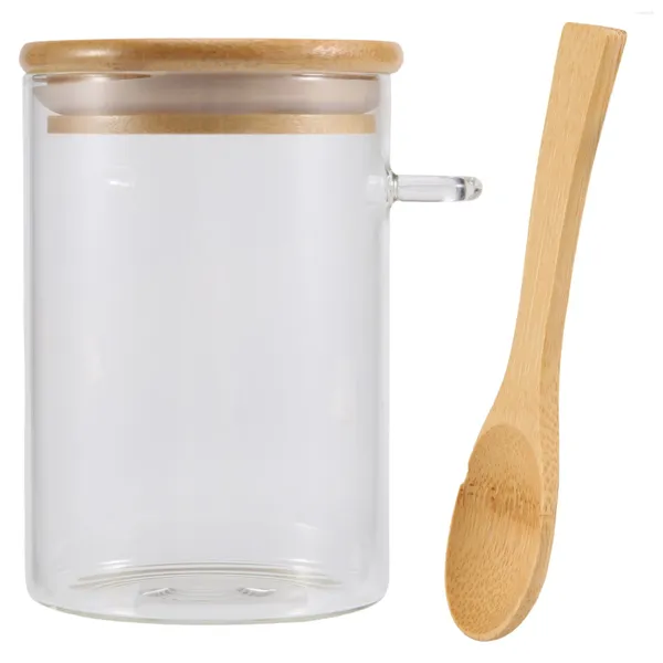 Sacos de armazenamento de vidro alimentos herméticos canister tampa de tanque jar recipiente de bambu com colher de madeira
