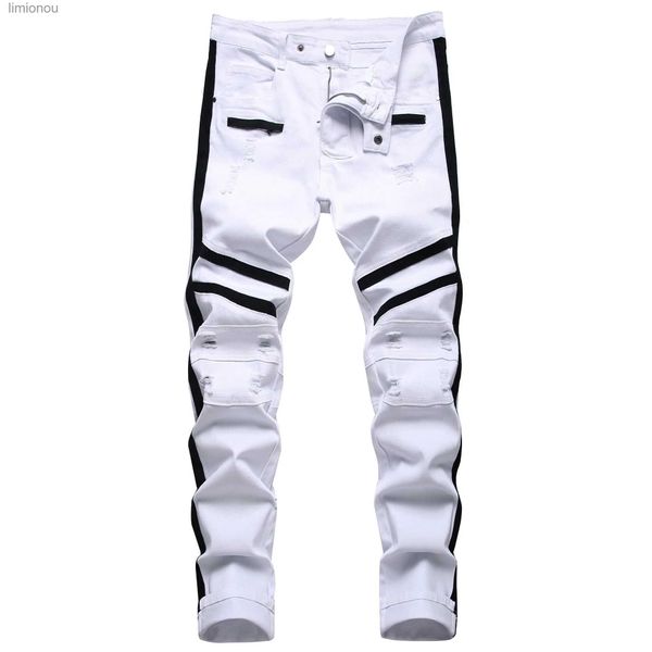 Men's Jeans Punk Jeans Men Zipper Hip Hop Slim Fit White Bike Jeans Elastic Split Denim Pants Cotton Fashion Casual Jogging Male ClothingL240119