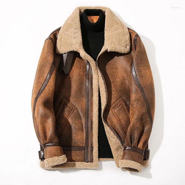 Damen-Leder-PU-Pelz-integrierte Jacke für Herren, dickes Schaffellimitat, kurz, hübscher Motorradanzug, Winter, warm