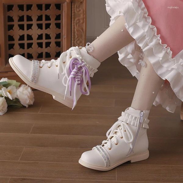 Botas 2024 outono lolita estilo doce cadarço tecendo meninas curtas cross-amarrado zíper festa princesa sapatos branco preto rosa 12 y