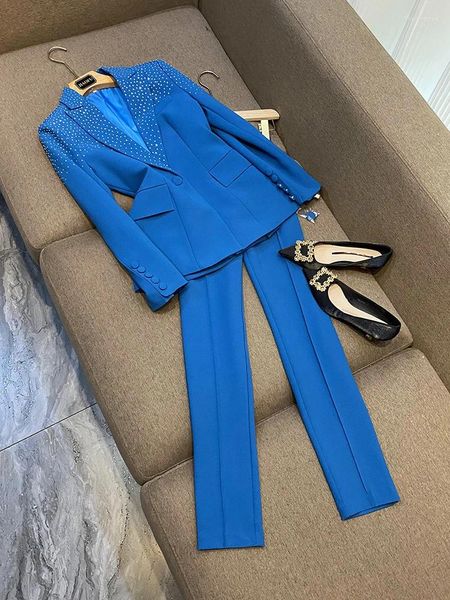 Zweiteilige Hosen für Damen Marke Runway Design Fancy Single Button Perlenbesetzter Blazer 2-teilige Sets Solid Pink Blue Damenanzüge