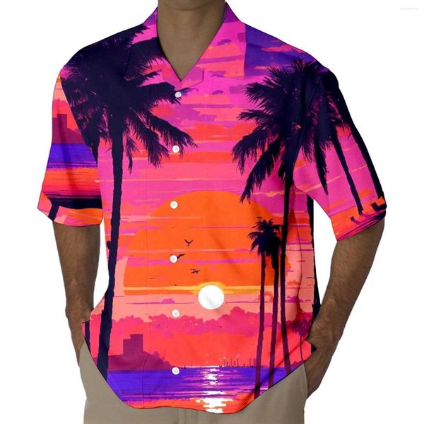 Herren-T-Shirts, kurzärmelig, lässiger Stil, 3D-Druck, Seaside Coconut Sunset, übergroße Beachwear, koreanische Mode