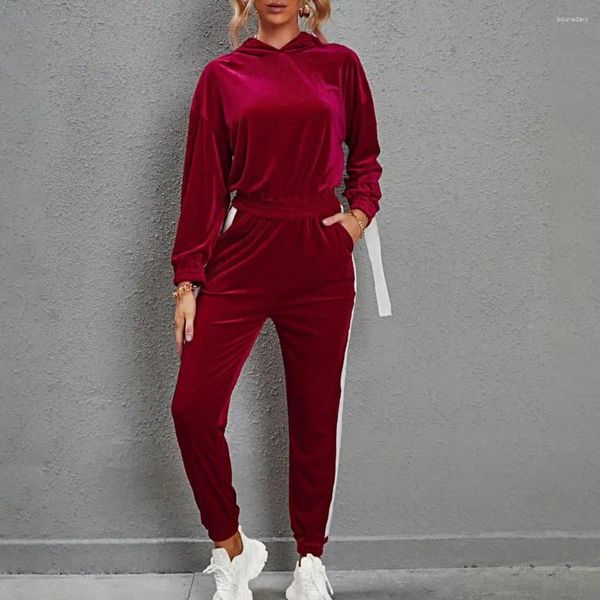 Calças femininas de duas peças 1 conjunto mulheres outfit veludo tracksuit cor sólida elástico manguito capuz sportwear streetwear