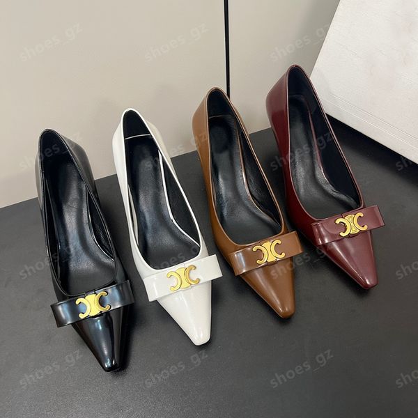 En kaliteli yeni bowtie pompaları cilalı deri pompalar ayakkabı yavru kedi topuklular slip-on bayan elbise ayakkabıları sivri kare ayak parmağı kadın lüks tasarımcılar kutu 5cm ile ayakkabı ayakkabı