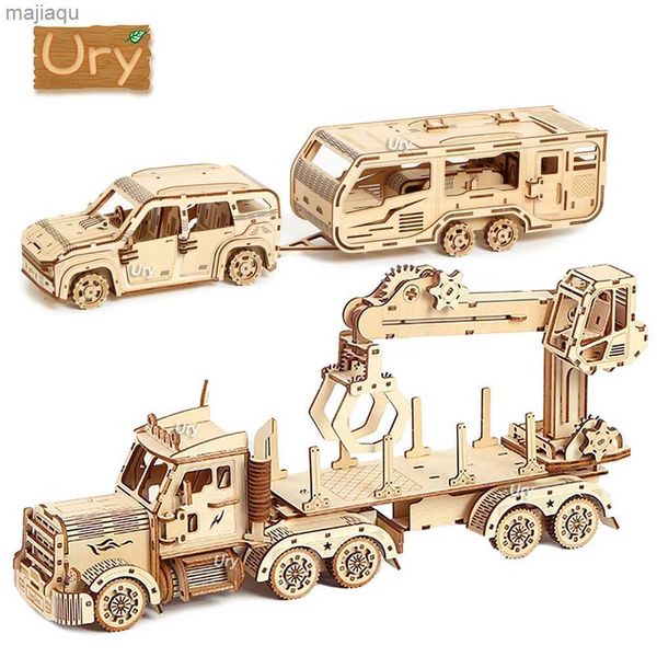 Modell-Set Ury 3D-Holzpuzzle, beweglicher Retro-Doppeldecker, Kran, Bulldozer, handgefertigt, Montage, LKW-Modell, DIY-Spielzeug, Dekoration, Geschenk für Kinder