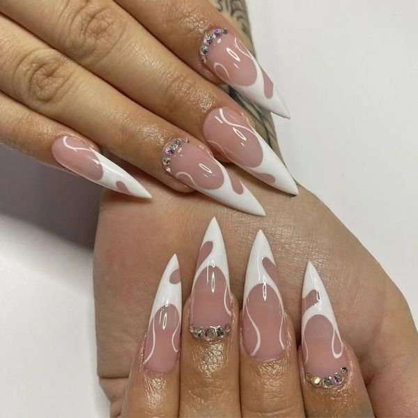 Unghie finte French manicure Perla lunga mandorla Nials finti Aurora Crystal Press su fai da te