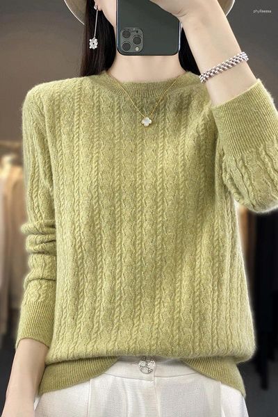 Suéteres femininos Merino Wool Sweater Cardigan Oficial 2024 Outono Inverno Cor Sólida Pescoço Redondo Cabo Flor Pulôver Top