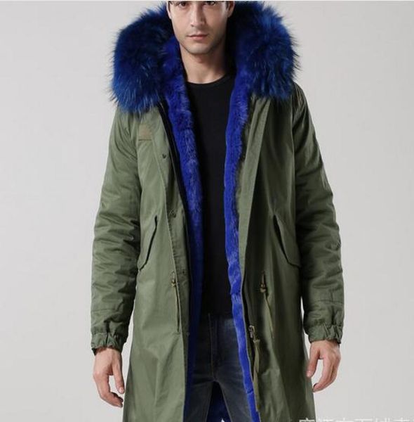 Длинные стильные брендовые мужские куртки Meifeng, зимние мужские зимние пальто, 100 синих кроличьих меховых подкладок, армейские зеленые холщовые длинные парки, роскошный мех7711832