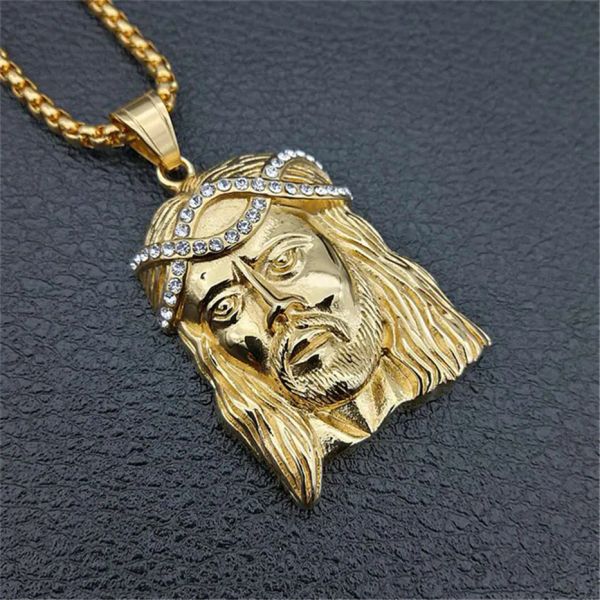 Colar feminino masculino com pingente de cabeça de Jesus, corrente de ouro amarelo 14k e colar de strass gelado, joias de hip hop