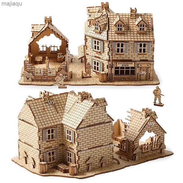 Modell-Set, 3D-Holzpuzzle, WW2-Kriegsstadt, Nachkriegszeit, handgefertigt, mechanische Montage, Hausmodell, DIY-Kits, Spielzeug, Schreibtischdekoration, Geschenke für Kinder