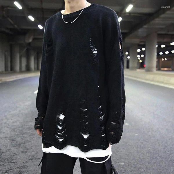 Мужские свитера, рваные вязаные мужские свитера, уличная одежда в стиле хип-хоп, черные трикотажные изделия Y2k, унисекс, Harajuku, женская зимняя одежда больших размеров