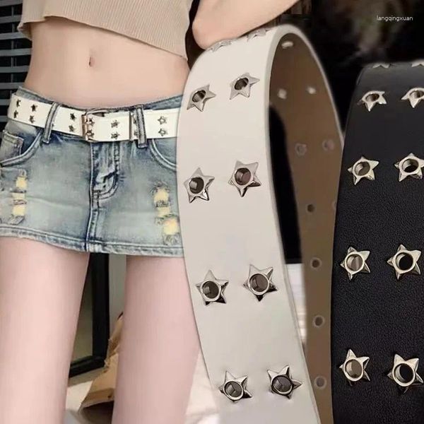 Cintos moda mulheres gótico punk estrela cinto ajustável preto duplo ilhó ilhó fivela de metal couro homens cintura para jeans