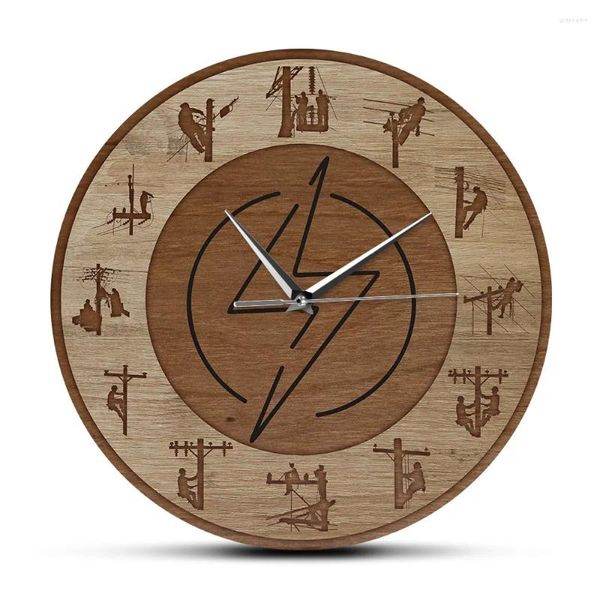 Orologi da parete Lineman Design Struttura in legno Orologio stampato in acrilico Orologio da parete con palo di alimentazione Arte Orologio da parete silenzioso Swept Line Life Worker Gift